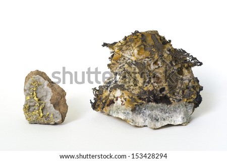 MUSEUM MINERAL SERIES: Native gold (Eritrea) and silver (Germany), isolated on white. 4.5 and 6cm high.