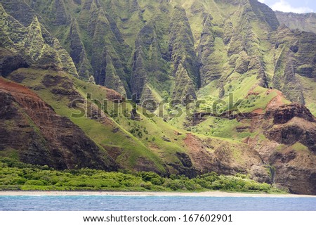 The Na Pali coast of the Hawaiian island of Kauai from the sea.