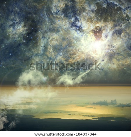 The connection between heaven and Earth. Clouds connect to a nebula in space. Elements of this image furnished by NASA.