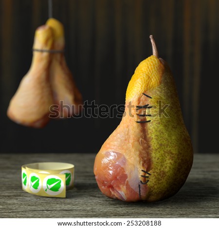 Horror food. Conceptual image for genetically modified produce, GMO. Chicken leg pear.