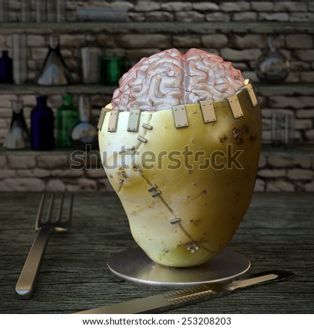 Horror food. Conceptual image for genetically modified produce, GMO. Potato brain.