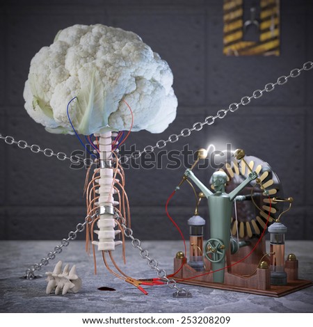 Horror food. Conceptual image for genetically modified produce, GMO. Cauliflower brain.