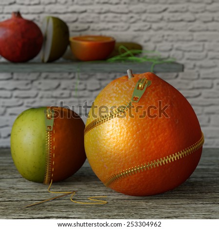 Horror food. Conceptual image for genetically modified produce, GMO. Zip orange, for easy access.