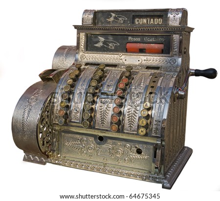 An antique cash register isolated on white.