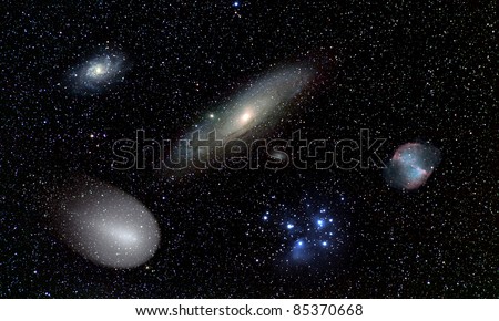 Many astronomical objects. A seamless photographic collage. The Triangulum galaxy (M33), the Andromeda galaxy (M31), the Dumbbell nebula (M27), the Pleiades (M45), and comet Holmes in 2007.