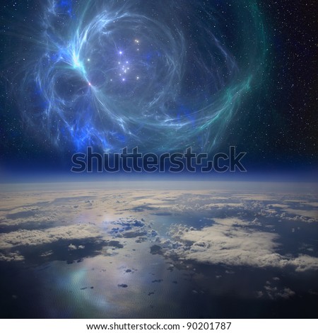 The Earth near a beautiful nebula in space. This is is a conceptual composite image.