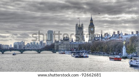 London, the Thames, and the Houses of Parliament. High dynamic range image.