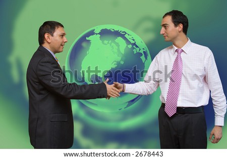 Business deal with blue green global background