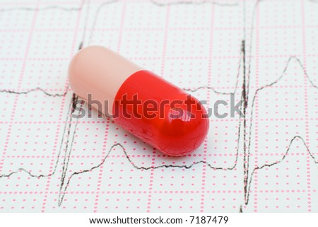 Red Pill on a Cardiogram Heart Trace. Close up of a red capsule on a cardiogram monitor printout graph