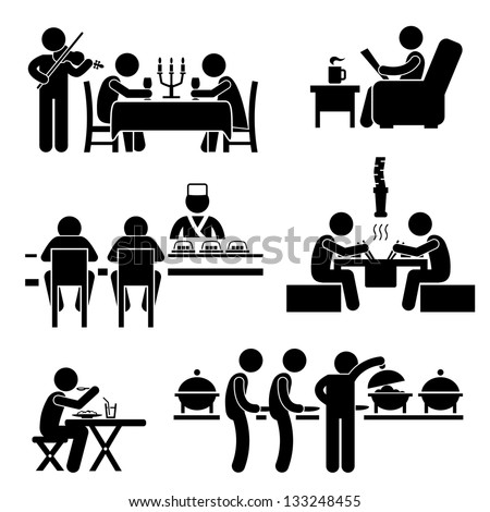 Restaurant Cafe Food Drink Candlelight Dinner Coffee Shop Japanese Sushi Korean Bbq Buffet Stick Figure Pictogram Icon
