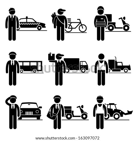 Driver Delivery Jobs Occupations Careers Taxi Newspaper Pizza Bus Mover Truck Chauffeur Postman Construction Vehicle Stick Figure Pictogram Driver Delivery Jobs Occupations Careers Taxi Newspaper Pizza Bus Mover Truck Chauffeur Postman Construction Vehicle Stick Figure Pictogram