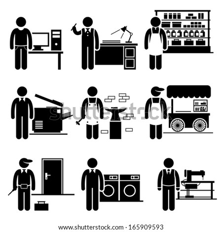 Self Employed Small Business Jobs Occupations Careers - Grocer, Freelancer, Copywriter, Printing Shop, Blacksmith, Hawker, Locksmith, Laundry, Tailor - Stick Figure Pictogram