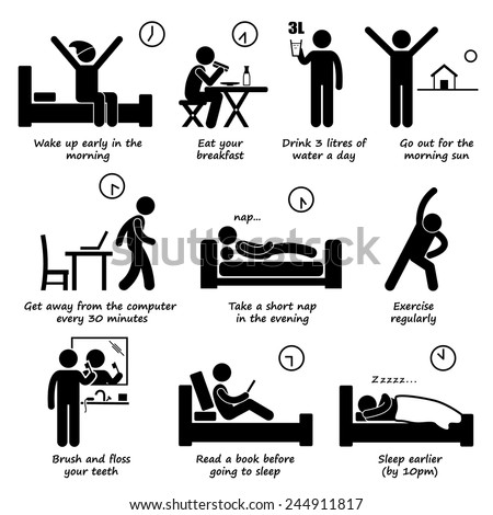 Healthy Lifestyles Daily Routine Tips Stick Figure Pictogram Icons ...