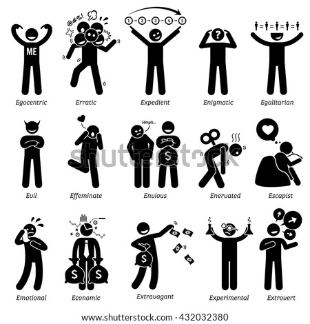 Negative and Neutral Personalities Character Traits. Stick Figures Man Icons. Starting with the Alphabet E.