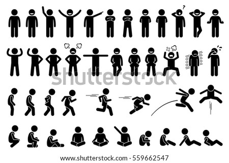 Children basic poses, actions, postures, feelings, and emotions. The kid is happy, angry, sad, and crying. Side views include walking, running, jumping, and sitting.