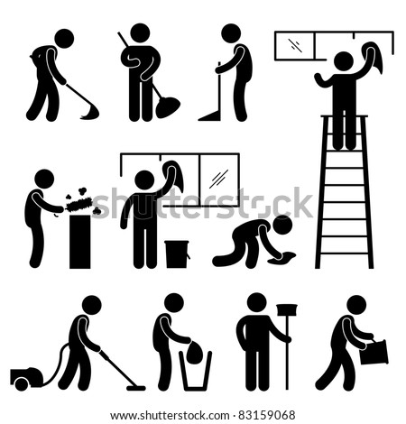 stock vector : Man People Cleaning Washing Wiping Sweeping Vacuum Cleaner Worker Pictogram Icon Symbol Sign