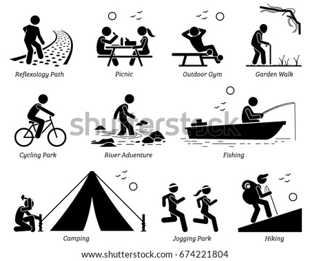 Outdoor Recreation Recreational Lifestyle and Activities. Pictogram depicts reflexology path, picnic, outdoor gym, garden walk, cycling park, river adventure, fishing, camping, jogging, and hiking.