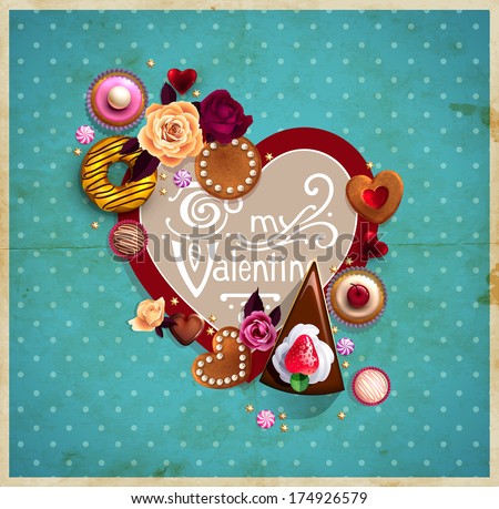 Valentine`s Day vintage frame for your text decorated with sweets, cupcakes, cookies roses, doughnut, cakes, chocolate,and golden stars.