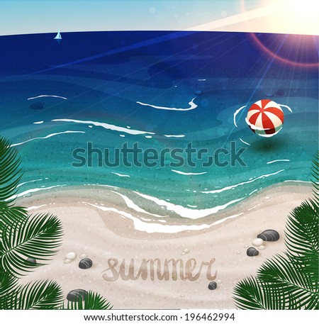 Tropical island Landscape with beach sand, palms and ocean waves.