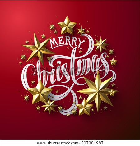 Calligraphic "Merry Christmas" Lettering Decorated with Gold Stars. Christmas Greeting Card .