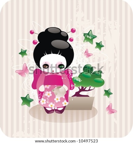 stock vector : cartoon japanese girl in kimono with bonsai