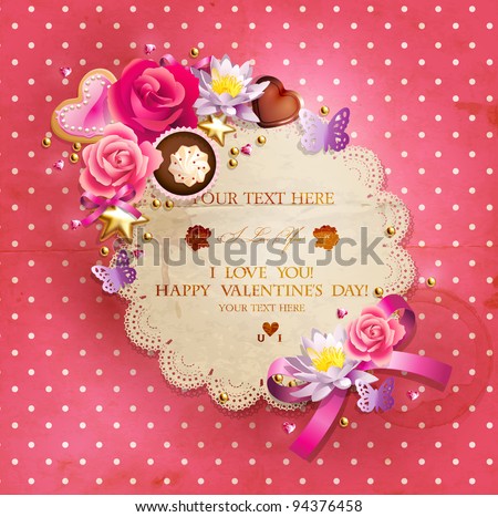 Valentine`s Day lacy frame for your text decorated with sweets cupcakes cookies roses and golden beads. Valentine`s Day lacy frame for your text decorated with sweets cupcakes cookies roses and golden beads.