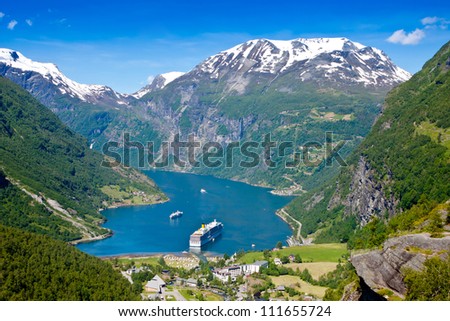 Geiranger fjord, Norway with cruise ship