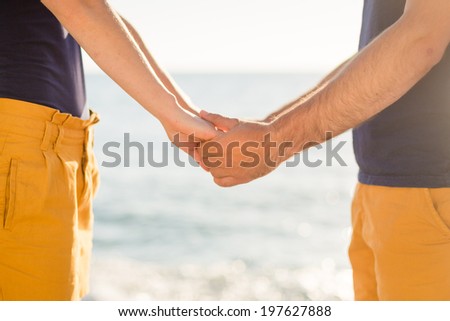 Happy couple holding hands in the sunset