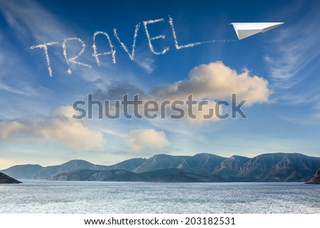 plane in the sky drawing word travel. Travel concept