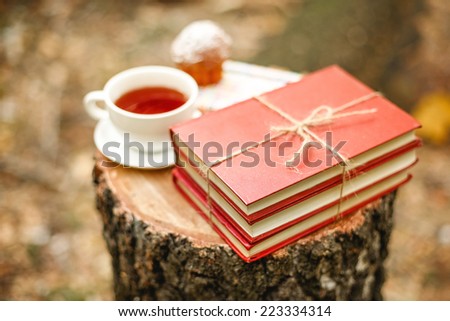 Stacked book, tea cup, homemade muffin. Reading inspiration