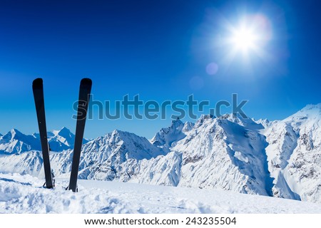 Pair of ski in snow. Winter vacations