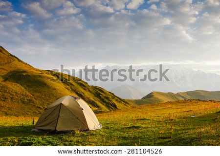 Camping tent in a morning light. Caucasus. Georgia