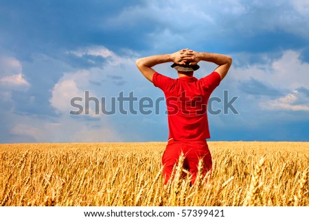 A young man relaxed in a yellow  field