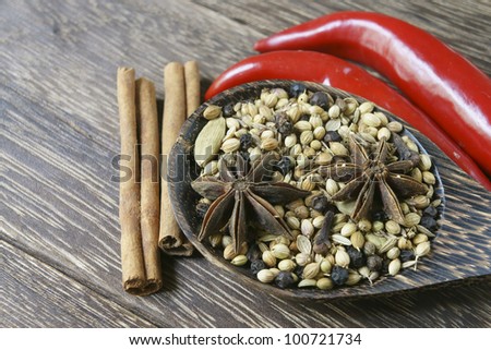 Fresh Herbs and Spices in wood background with cinnamon, scoop and chillies
