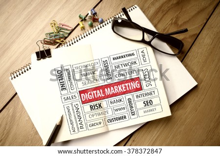 Business Concept: Digital Marketing word cloud on notebook