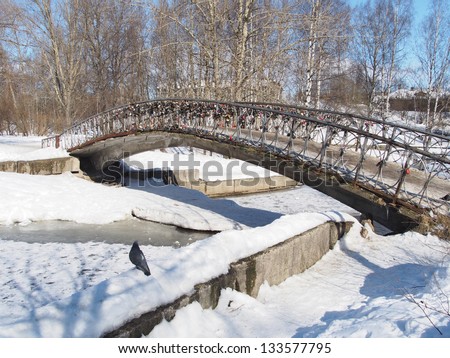 The bridge through the river in the winter