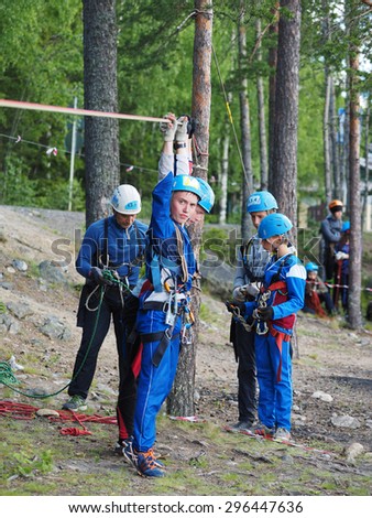 LOSOSINNOE LAKE, KARELIA REGION, RUSSIA - JUNE 29, 2015: Russian youth competition 