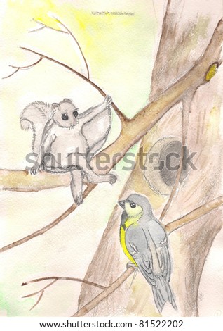 tit and flying squirrel. watercolor