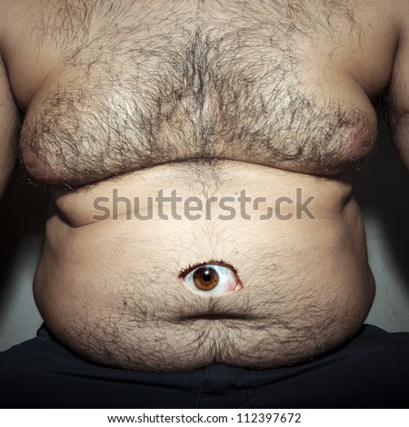 monstrous belly fat of dirty man with eye