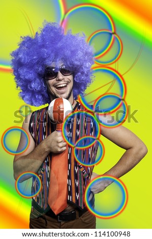 Crazy guy with blue wig on colorful background