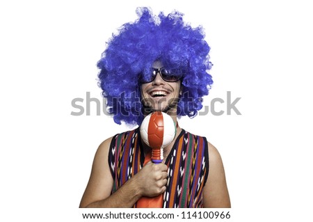 Crazy guy with blue wig on white background