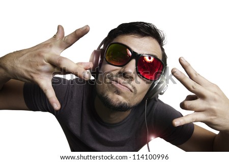 Crazy guy with headphones on white background