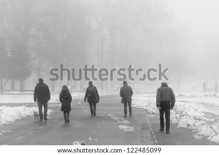 people walking in foggy winter landscape with snow