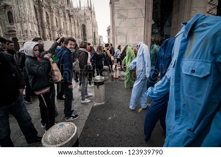 MILAN, ITALY - APRIL 23: art installation by Gianfranco Angelico Benvenuto in Milan on April, 23 2012. Installation \'100 Sogni morti sul lavoro\' exposed in honor of dead on work in Milan Piazza Duomo
