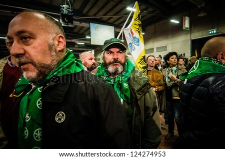 BERGAMO, ITALY - APRIL 14: Lega Nord meeting in Bergamo April 14, 2012. The Italian right political party Lega Nord, meets with its voters to discuss internal problems and elect new president