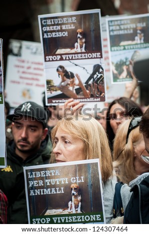 MILANO, ITALY - MAY 8: Manifestation against vivisection in Milan May 8, 2012. People protest in Milan against vivisection, struggling to close the dog testing center Green Hill and promoting veganism