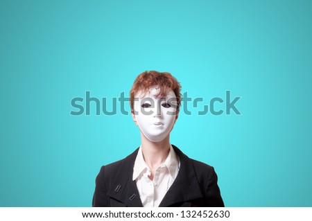 business woman with white mask on blue background