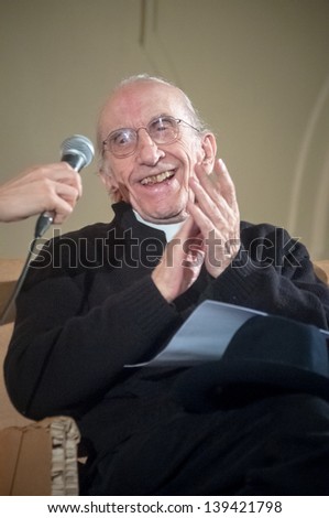 MILAN, ITALY -  MAY 07: Don Gallo during a conference in Milan on May, 7 2012. Don Andrea Gallo, Genova 1928 - Genova 2013, was revolutionary priest often deployed against the hierarchy of the church.