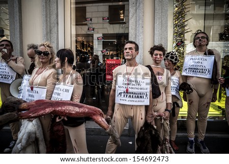 MILAN, ITALY - SEPTEMBER 17: Animalisti Italiani protest on September 17, 2013. Animal right association 'Animalisti Italiani' protest against furs and fashion, in famous Milan street Monte Napoleone