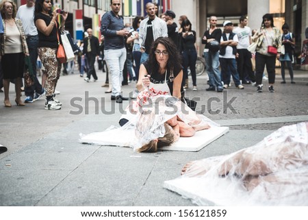 MILAN, ITALY - SEPTEMBER 26: 269 Life  manifestation on September 26, 2013. Animal right association \'269 Life\' protest against vivisection, animals right, meat nutrition and production